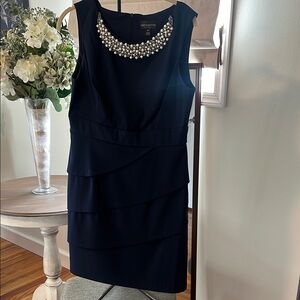 Adrianna Papell Black Silver Embellished Sheath Midi